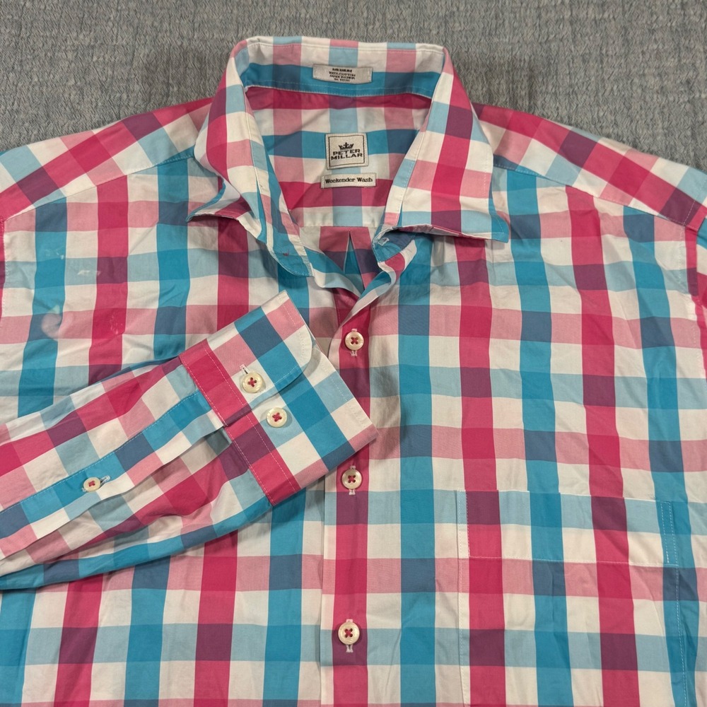 Peter Millar Weekender Wash Men's M Button Up Shirt Pink Blue Plaid "Stained"